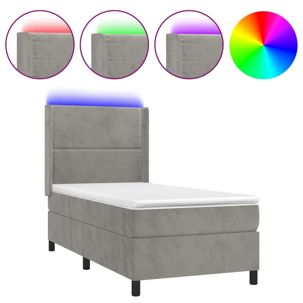 vidaXL világosszürke bársony rugós és LED-es ágy matraccal 90x190 cm