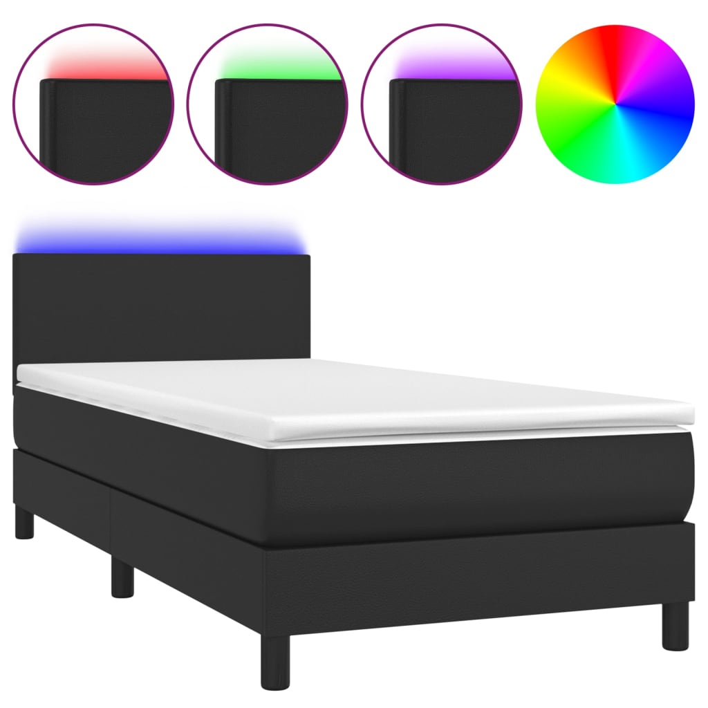 vidaXL fekete műbőr rugós ágy matraccal és LED-del 90x200 cm