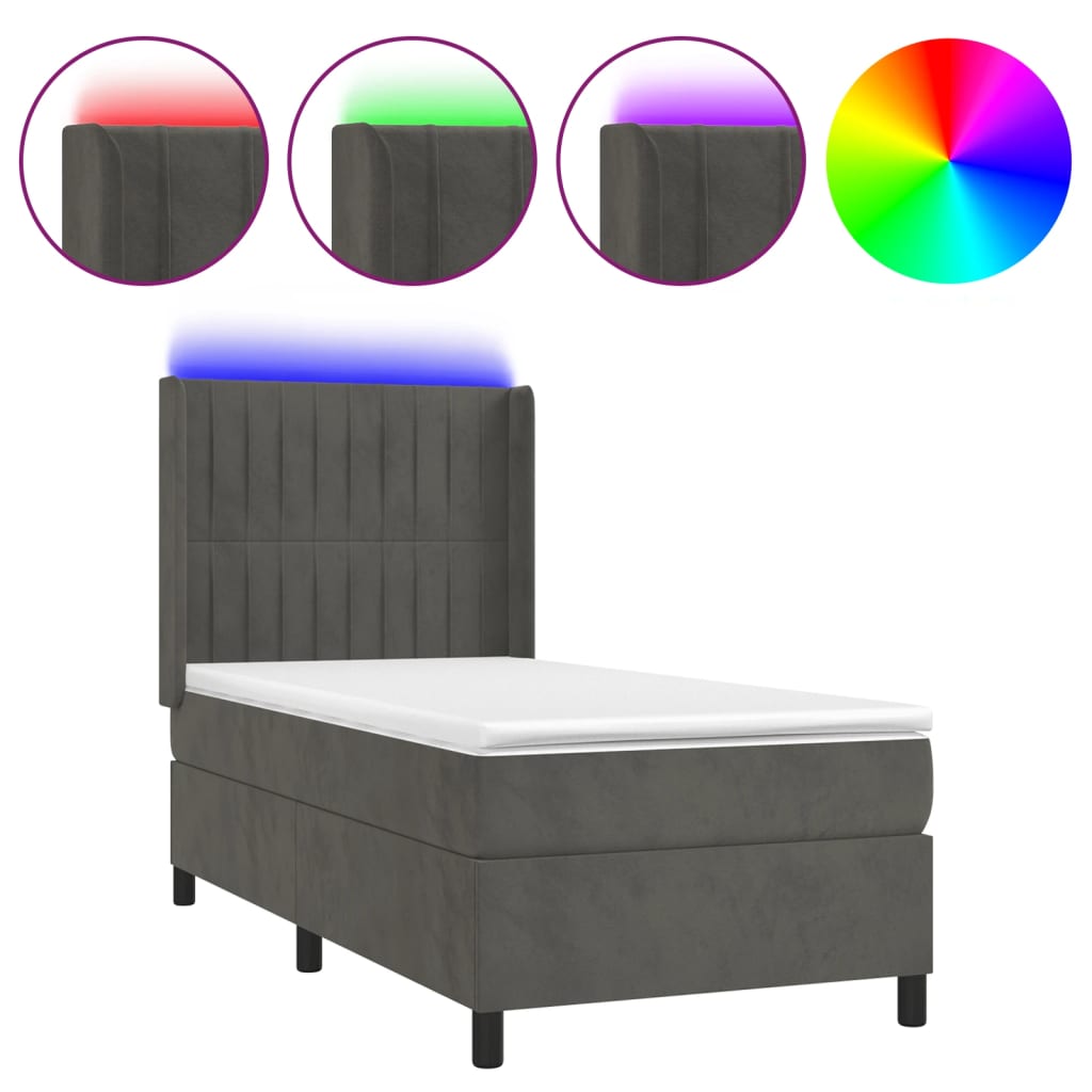 vidaXL sötétszürke bársony rugós és LED-es ágy matraccal 90x200 cm